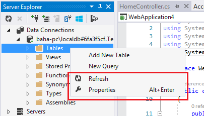 Visual Studio 2013 Add Table menu option missing (localDB)